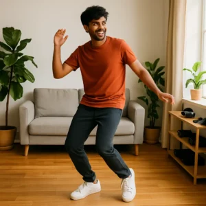 A young South Asian man dancing joyfully in a sunlit living room, wearing a burnt orange T-shirt and white sneakers, surrounded by houseplants and cozy furniture.
