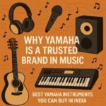 Illustration of Yamaha musical instruments including a keyboard, guitar, and headphones with vibrant background and text highlighting Yamaha as a trusted music brand.