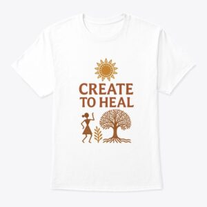 White t-shirt featuring minimalist tribal art and the phrase “Create to Heal,” inspired by traditional Indian folk art.