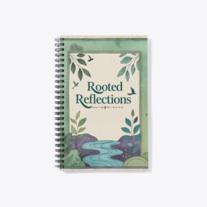 Flat-lay of a tribal art-themed journal titled “Rooted Reflections,” designed with earthy tones and folk motifs for self-reflection.
