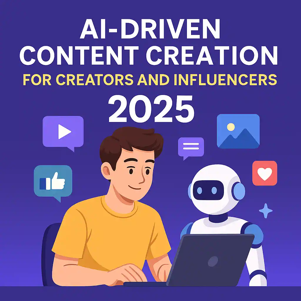 Illustration of a young male content creator using AI tools on a laptop with a futuristic robot assistant, surrounded by social media icons, representing AI-driven content creation in 2025.