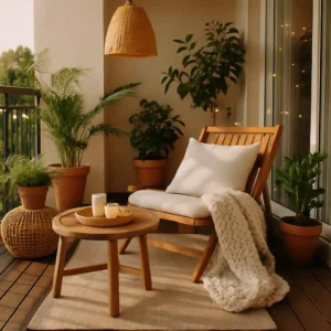 Inviting balcony with wooden lounge chair, knitted throw, round coffee table, potted plants, and rattan pendant light – 2025 modern balcony interior inspiration