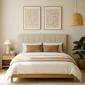 Modern bedroom with beige upholstered bed, neutral bedding, wooden furniture, rattan pendant light, abstract wall art, and indoor plant – 2025 interior design inspiration