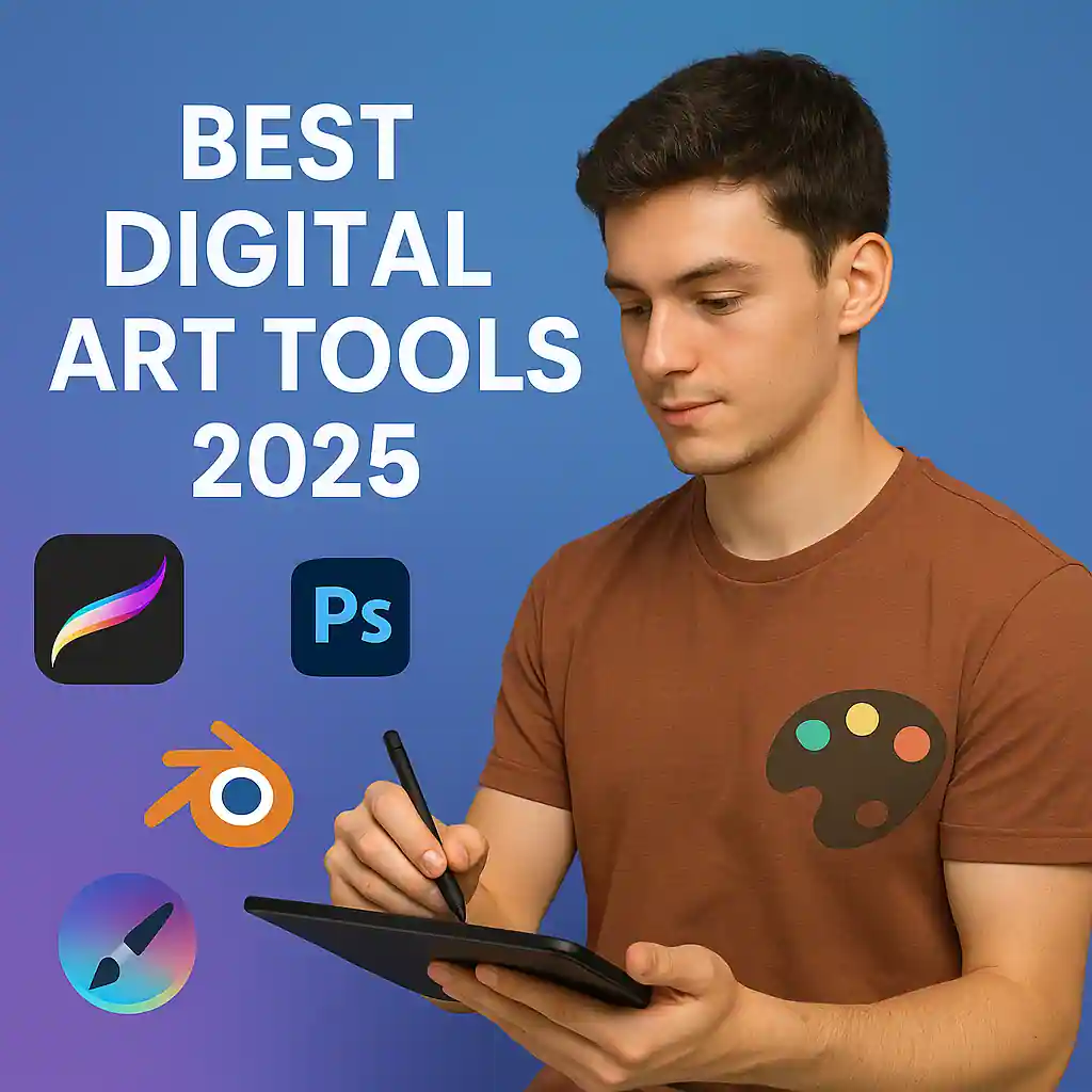 A 20-year-old male digital artist drawing on a tablet, surrounded by logos of popular digital art tools like Procreate, Photoshop, Krita, and Blender with the text “Best Digital Art Tools 2025” on a gradient background.