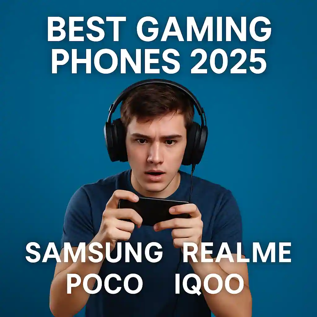 Young man wearing headphones playing mobile games on smartphone with text Best Gaming Phones 2025 Samsung Realme Poco iQOO
