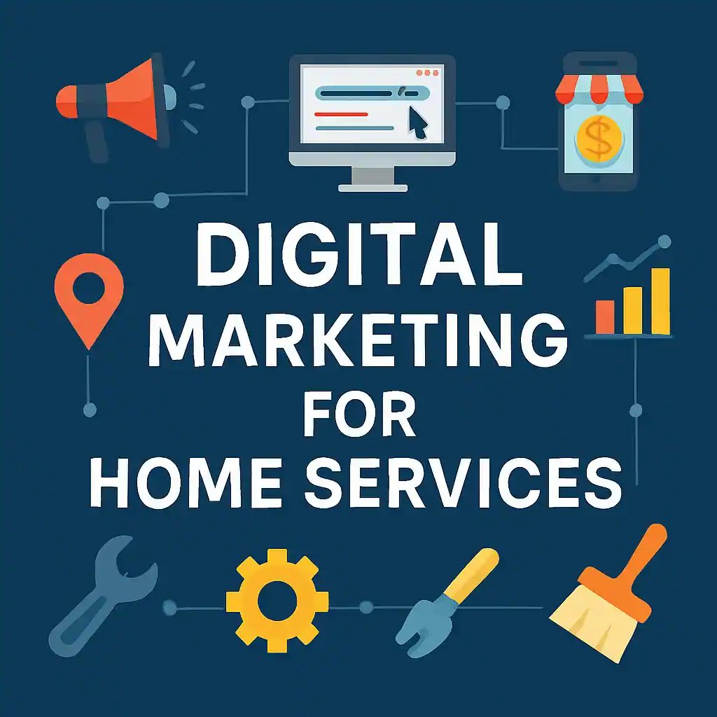 Illustration showing digital marketing icons like megaphone, mobile ads, analytics, and tools representing home services such as plumbing and cleaning with the title “Digital Marketing for Home Services”