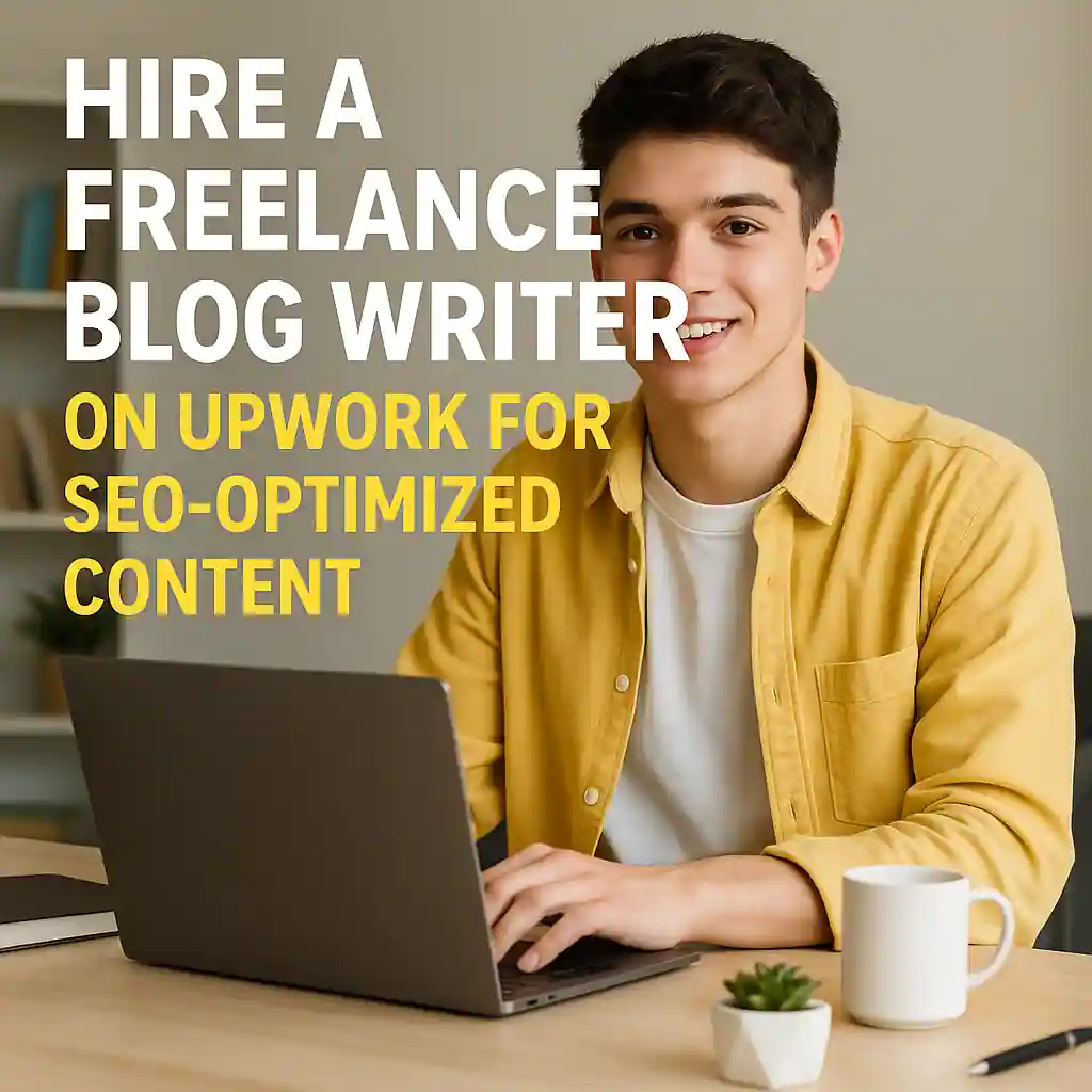 20-year-old male freelance blog writer smiling at laptop in a cozy home office, promoting SEO content writing services on Upwork.
