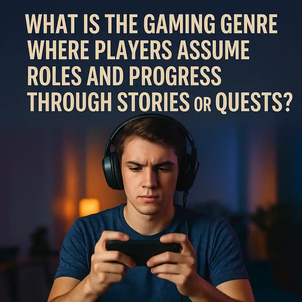 Young male gamer wearing headphones and playing an RPG on his phone, symbolizing role-playing games where players take on character roles and progress through story-driven quests.