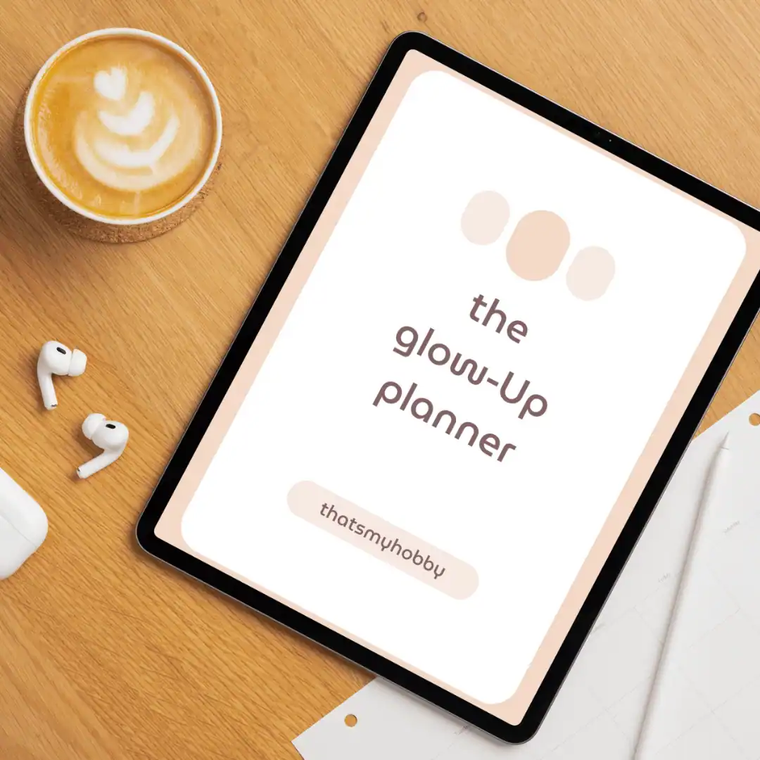 Mockup image of the Glow-Up Planner digital cover featuring a soft, minimalist design with text overlay. Ideal for blog posts about productivity, self-care, and digital planning.