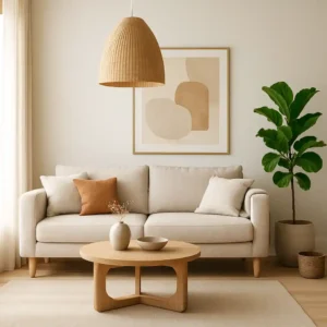 Modern living room interior with beige sofa, wooden coffee table, rattan pendant light, indoor plant, and abstract wall art – 2025 home design trend