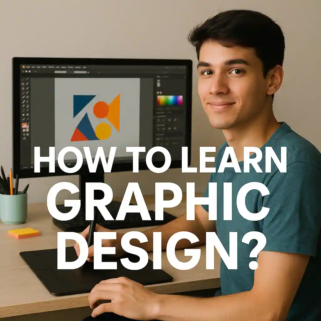 20-year-old boy learning graphic design on a computer using design software in a modern workspace