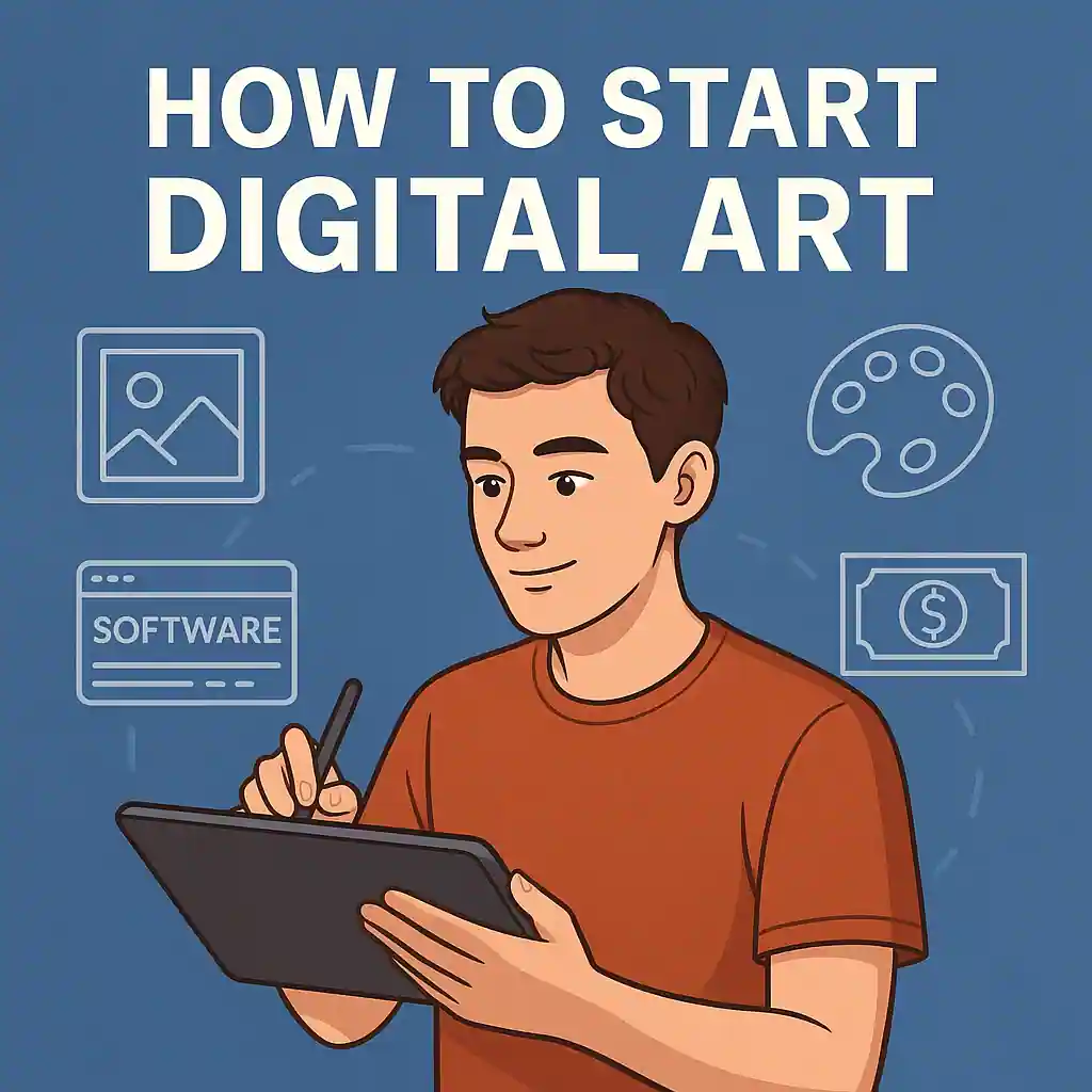 A 20-year-old boy using a digital drawing tablet, surrounded by digital art icons like software, money, and a palette, representing a beginner's journey in digital art.