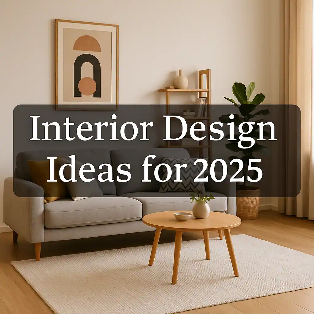 Modern living room interior design with light gray sofa, wood coffee table, rattan pendant light, abstract wall art, and indoor plant – 2025 design trend