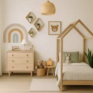 Children’s bedroom with wooden house-shaped bed, soft bedding, plush toys, rainbow mural, rattan pendant light, and minimalist decor – 2025 kids room design inspiration