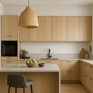 Contemporary kitchen with light wood cabinets, terrazzo countertops, rattan pendant light, black faucet, and a central island with green apples – 2025 kitchen interior design inspiration
