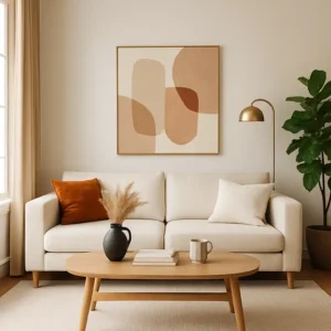 Contemporary living room with cream sofa, wood coffee table, abstract wall art, indoor plant, and warm lighting – 2025 interior design inspiration