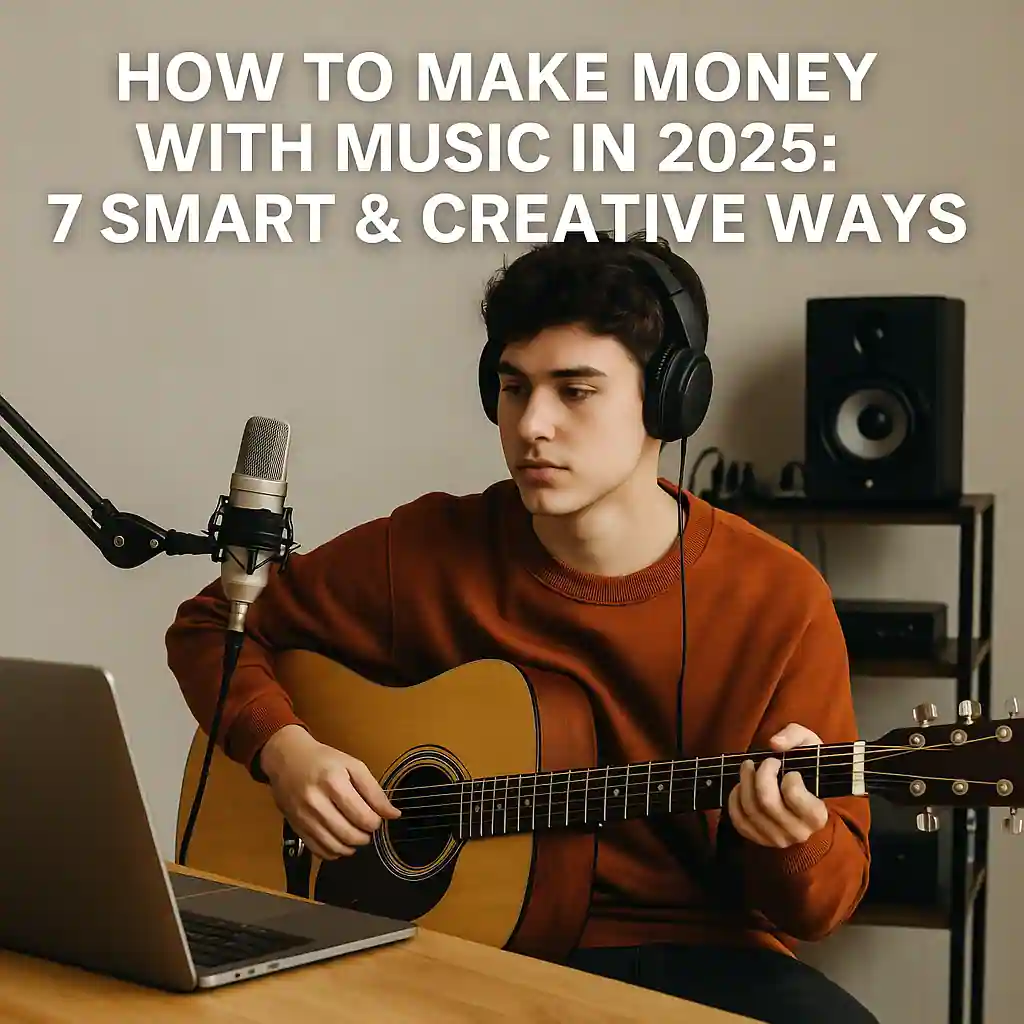A 20-year-old male musician wearing headphones, playing acoustic guitar and recording music in a home studio setup with a microphone and laptop.