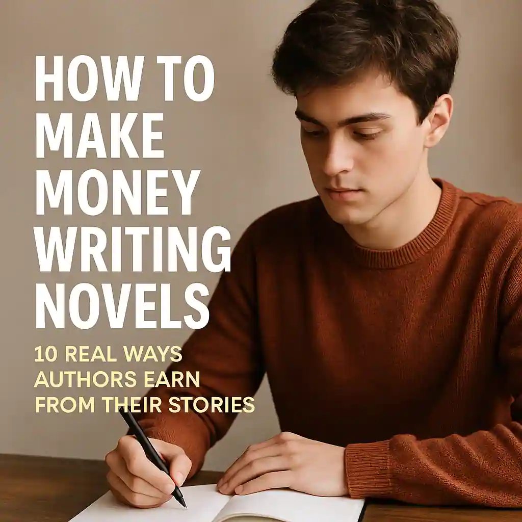 A 20-year-old man in a rust-colored sweater writing in a notebook with overlaid text that reads “How to Make Money Writing Novels – 10 Real Ways Authors Earn from Their Stories”