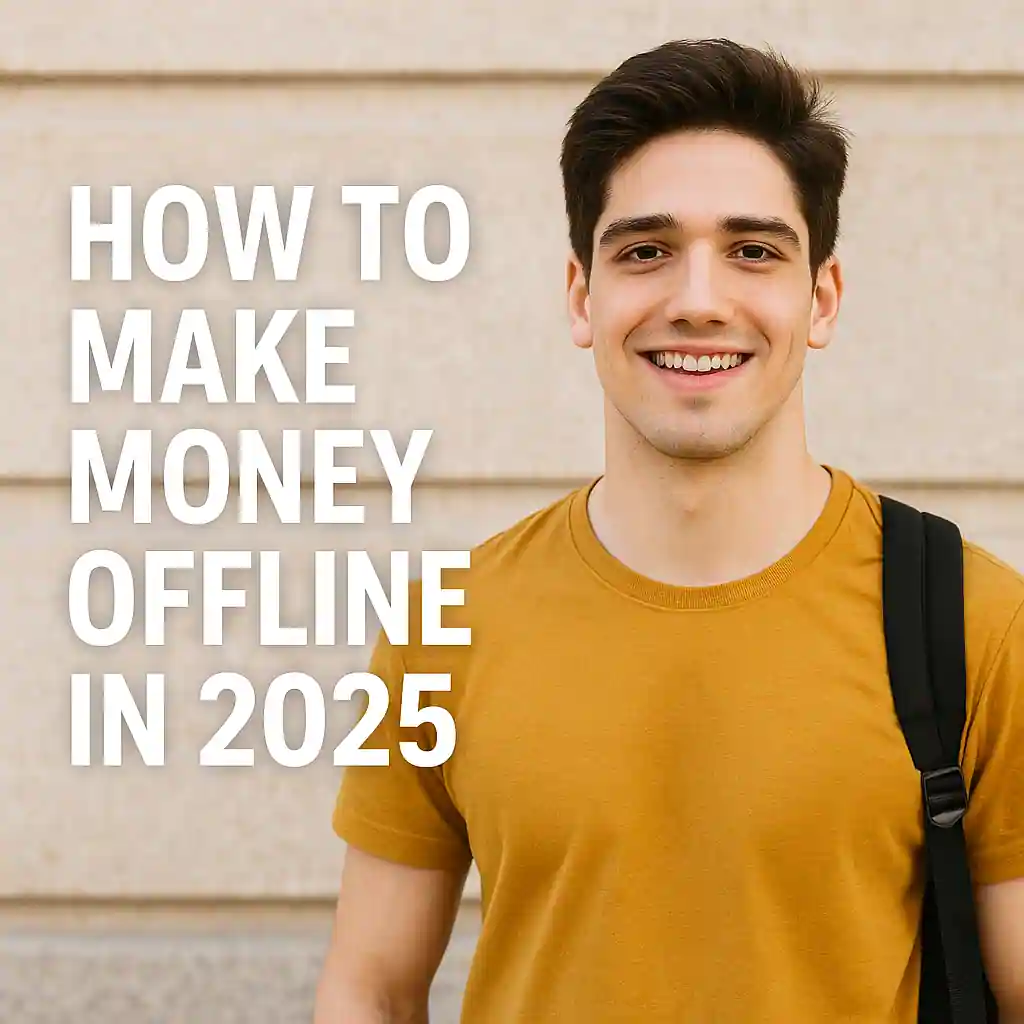 Smiling 20-year-old man in mustard shirt with backpack standing against stone wall, next to text “How to Make Money Offline in 2025”