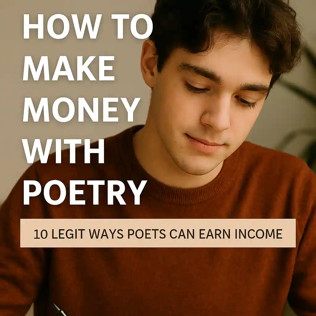 A 20-year-old man in a rust-colored sweater writing poetry in a notebook with overlaid text that reads “How to Make Money with Poetry – 10 Legit Ways Poets Can Earn Income