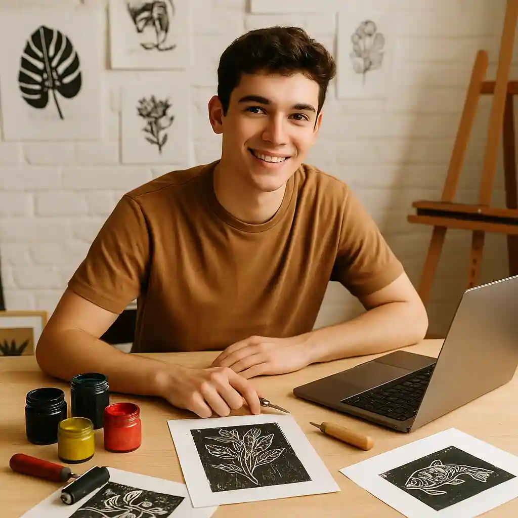 Young male printmaker sitting at a desk with linocut prints, ink, and carving tools in a bright art studio.