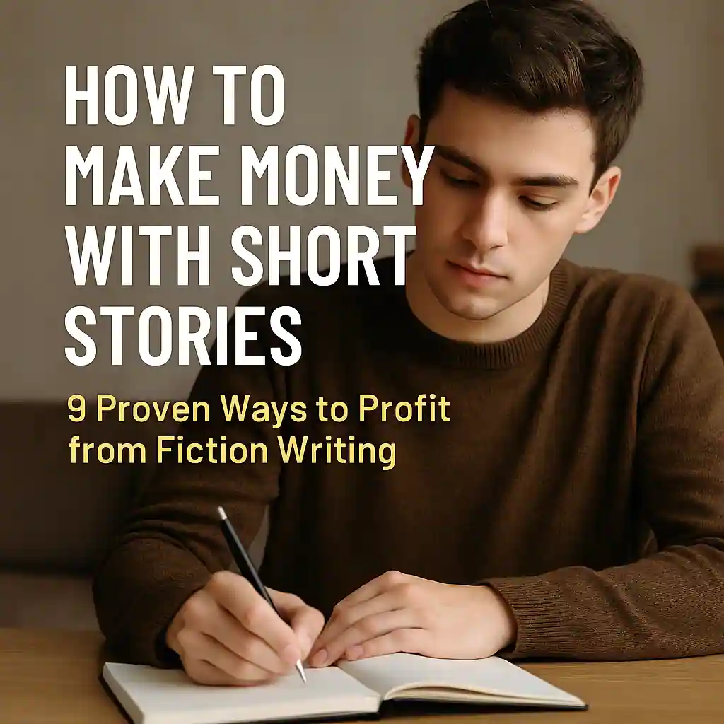 A 20-year-old man in a brown sweater writing in a notebook with overlaid text that reads “How to Make Money with Short Stories – 9 Proven Ways to Profit from Fiction Writing”