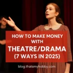 A young female actor in a period costume performing on a dimly lit theatre stage, representing income opportunities in drama and acting.