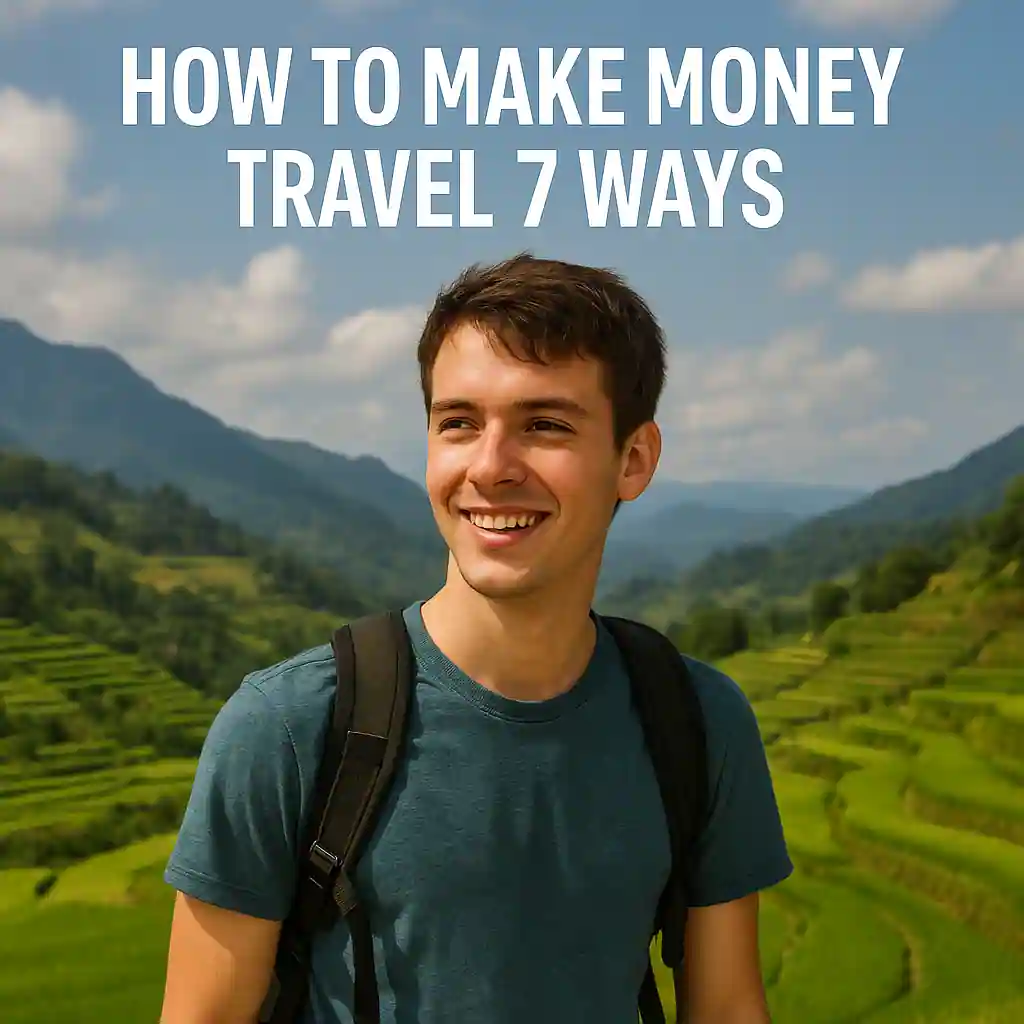 Young traveler smiling in scenic terraced fields with text overlay 'How to Make Money Travel 7 Ways