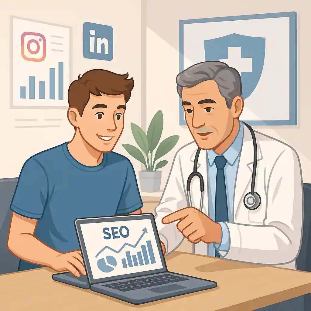 A 20-year-old digital marketer discussing SEO strategies with a doctor in a clinic office setting, representing online marketing for medical professionals