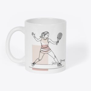 White ceramic Serve Strong mug with minimalist design, motivational padel gift for women.