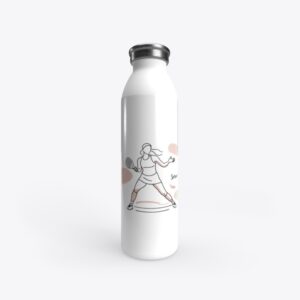 White stainless steel Serve Strong water bottle with minimalist design, reusable sports bottle for women.