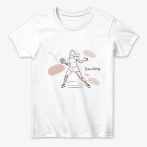 White Serve Strong classic padel t-shirt, minimalist design, comfortable athletic fit, women's sporty apparel.