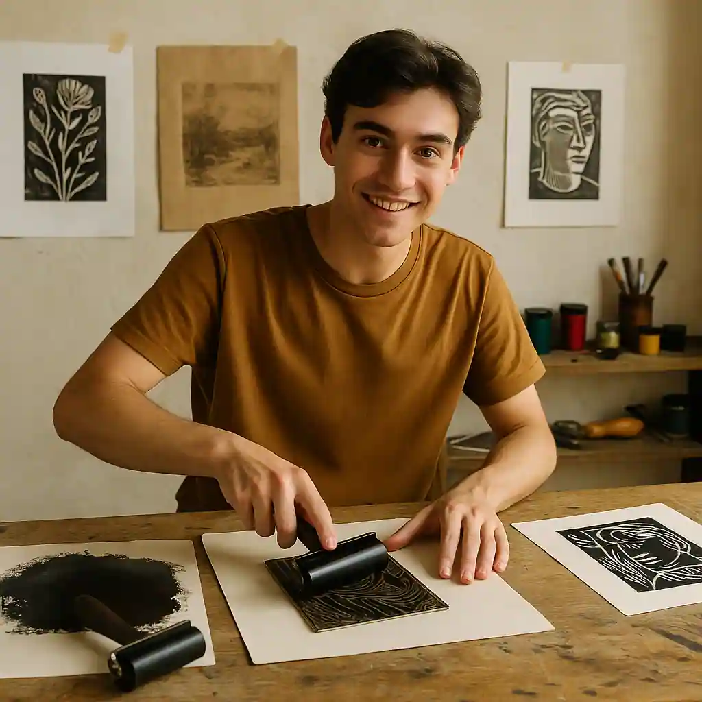 Young male printmaking artist using carving tools and ink in a studio filled with paper, prints, and traditional art supplies.