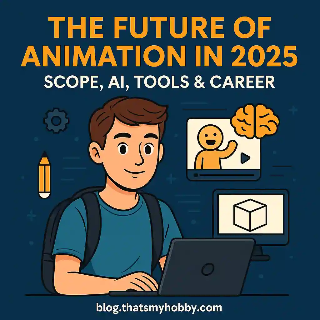 A 20-year-old boy using a laptop surrounded by animation and AI icons, symbolizing the future of animation in 2025 with career, tools, and AI integration