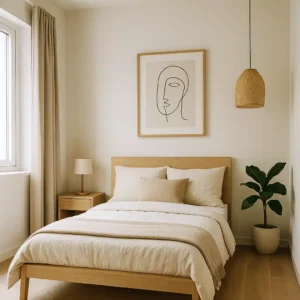 Minimalist small bedroom with light wooden bed, neutral bedding, abstract art, potted plant, and rattan pendant light – 2025 compact interior design inspiration