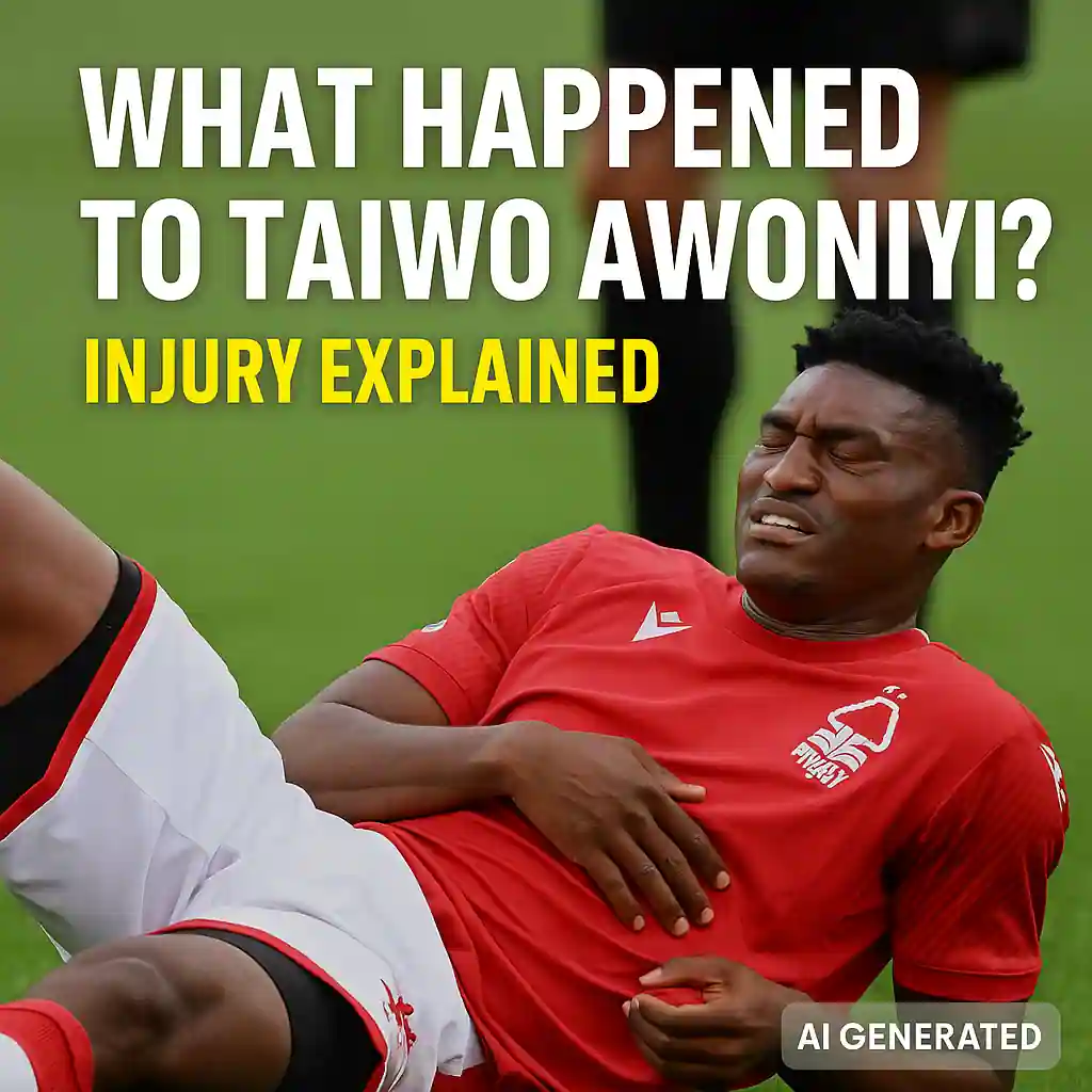 Taiwo Awoniyi lying on the pitch in pain during a Nottingham Forest match, suffering a serious abdominal injury against Leicester City, with bold text reading "What Happened to Taiwo Awoniyi? Injury Explained"