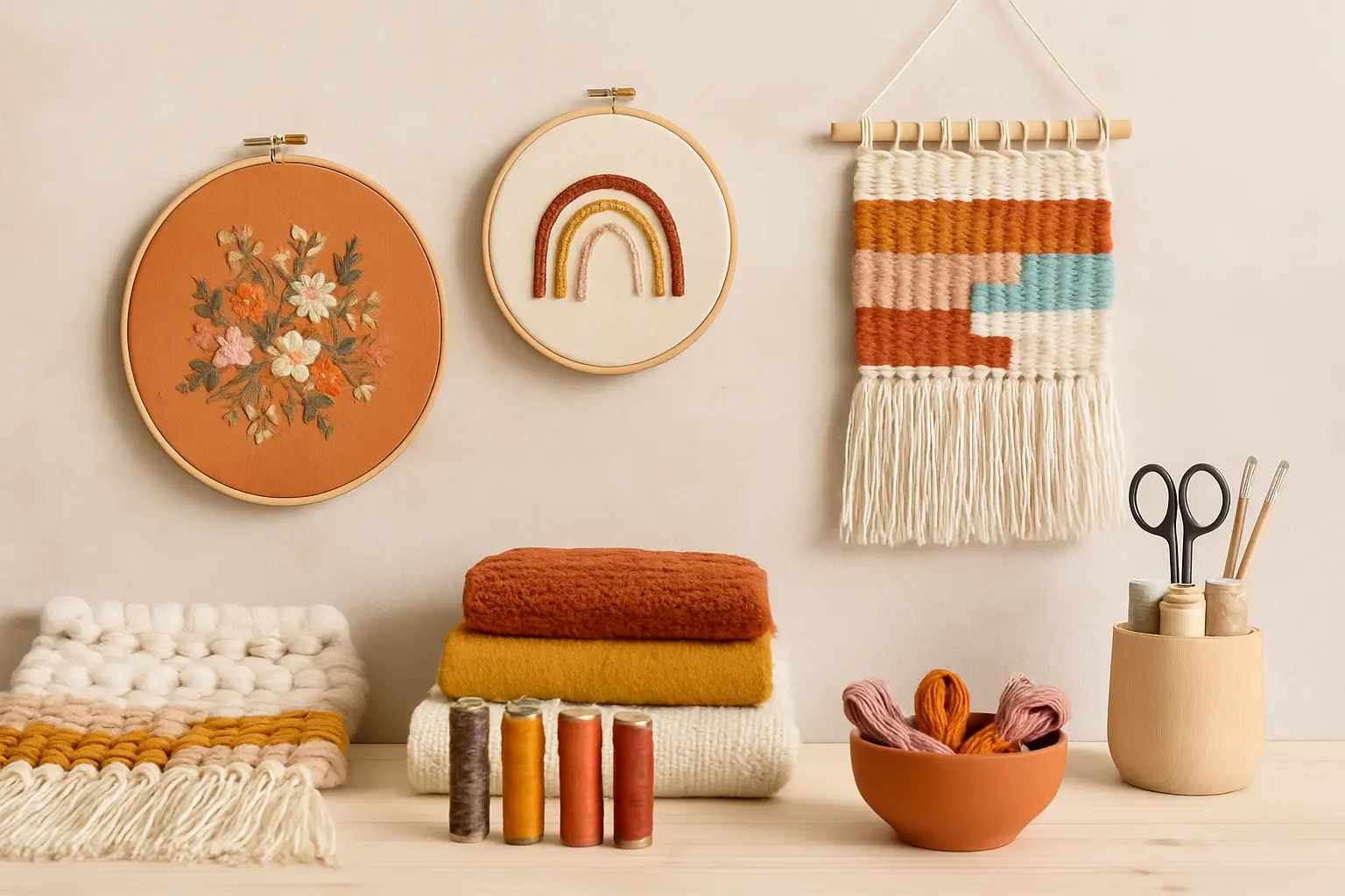 Colorful textile art supplies including embroidery hoops, woven wall hanging, yarns, and sewing tools arranged on a wooden surface in a creative studio.