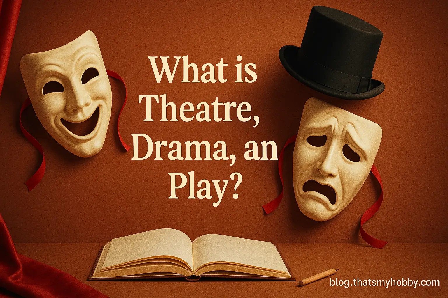Theatre masks representing comedy and tragedy with a top hat, open book, and red curtains symbolizing theatre, drama, and play.