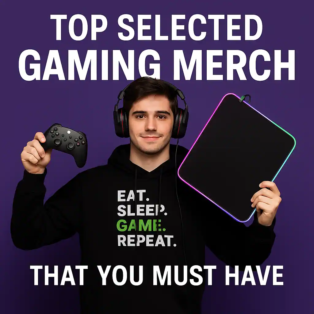 A 20-year-old gamer wearing a black hoodie that says “EAT. SLEEP. GAME. REPEAT.” while holding a wireless gaming controller and an RGB mouse pad, promoting must-have gaming merchandise for 2025.