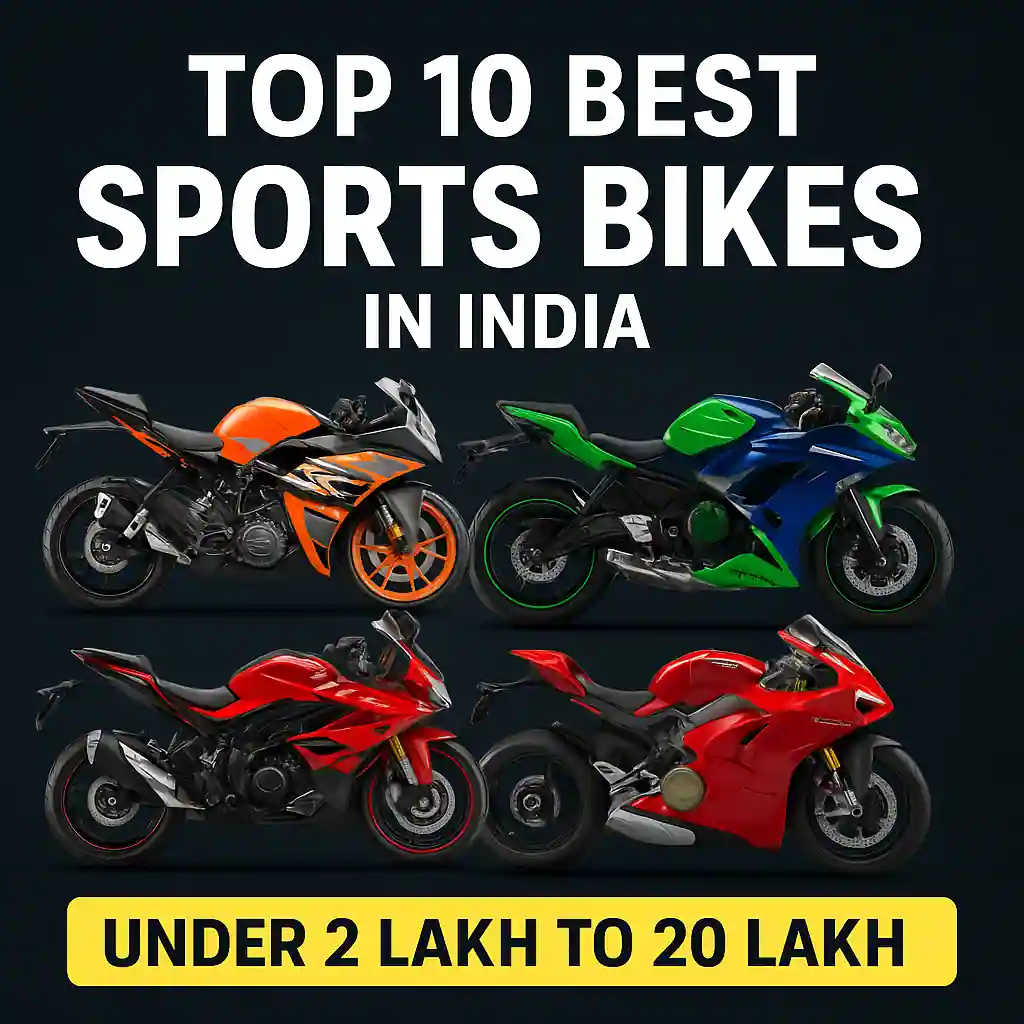 Square promotional image showing top sports bikes in India 2025 with featured models and price categories