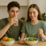 A 20-year-old boy drinking water and a girl smiling while eating salad at a kitchen table with bowls of fresh fruit, promoting a healthy body detox lifestyle