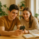 A smiling 20-year-old boy and girl sitting at a wooden table in a sunlit room, looking at a smartphone together with an open book nearby, surrounded by indoor plants
