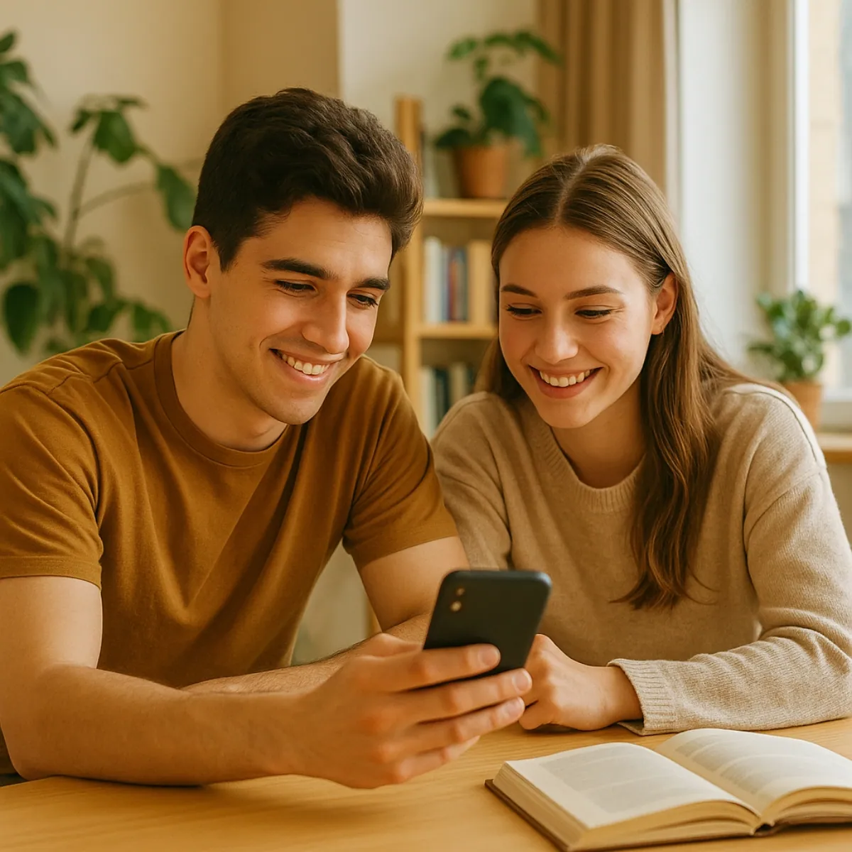 A smiling 20-year-old boy and girl sitting at a wooden table in a sunlit room, looking at a smartphone together with an open book nearby, surrounded by indoor plants