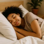 A 20-year-old woman with light brown hair resting peacefully in bed, surrounded by soft lighting and cozy bedding, promoting healthy sleep habits