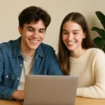 Smiling 20-year-old boy and girl sitting at a desk with a laptop, notebook, and plant, working together in a cozy indoor setting
