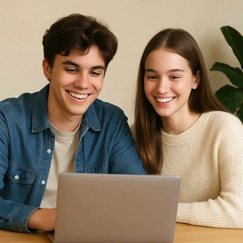Smiling 20-year-old boy and girl sitting at a desk with a laptop, notebook, and plant, working together in a cozy indoor setting